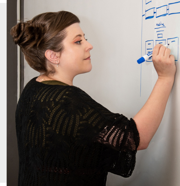 meghan writing wireframe on whiteboard