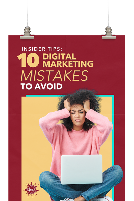 10 Digital Marketing Mistakes to Avoid poster hung up on a wire with 2 clips