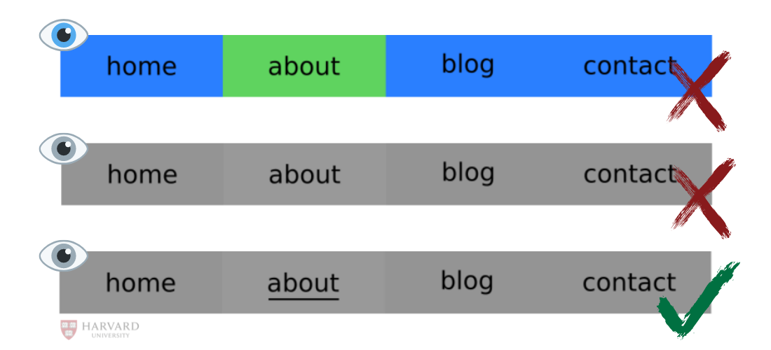 Navigation bar examples for regular vision, color blind, and low-vision users