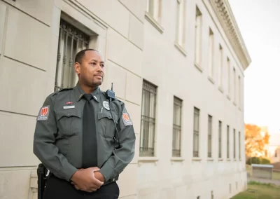 Clarion security guard in front of Memphis building downtown