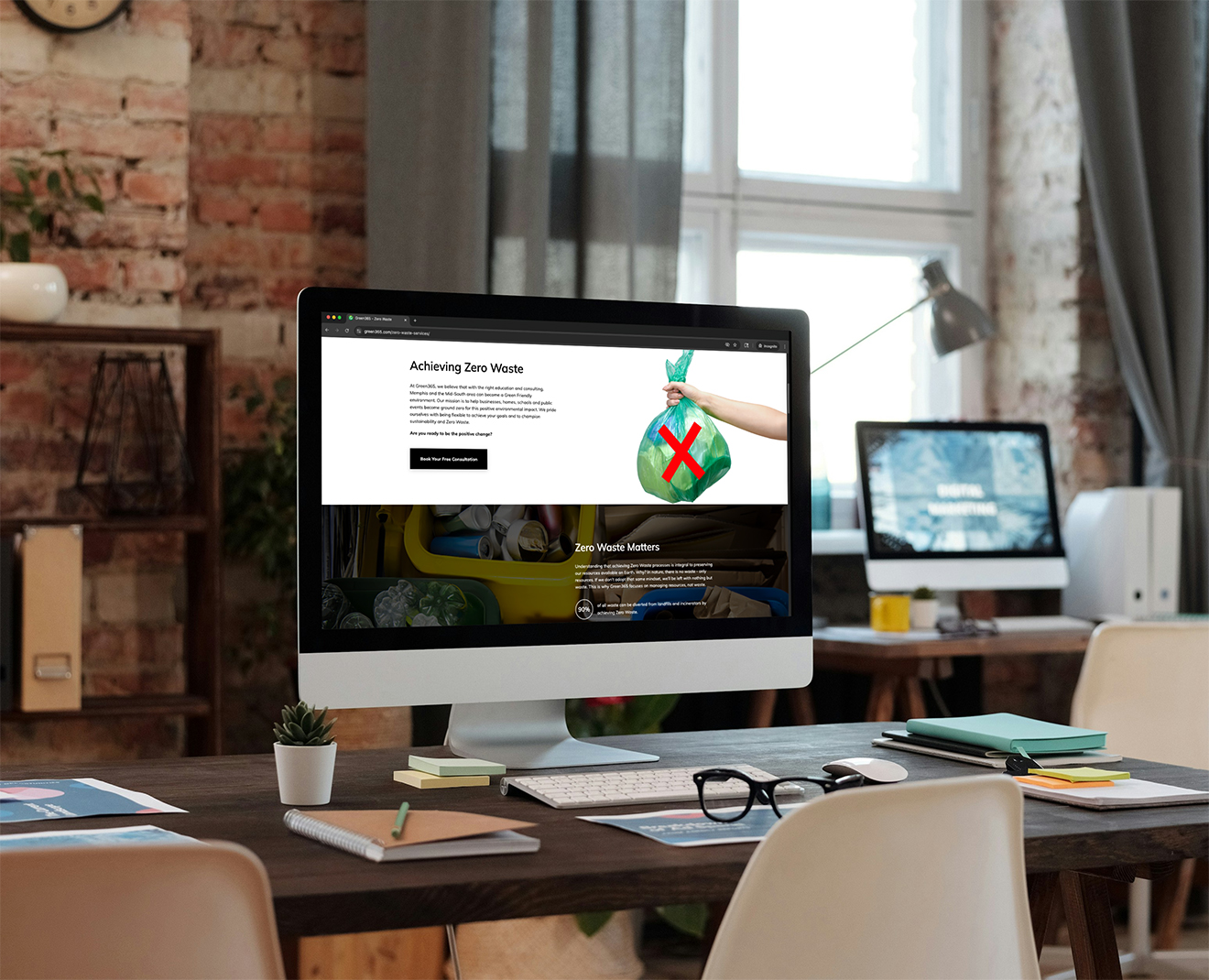 green365 website zero waste page on mac desktop in office