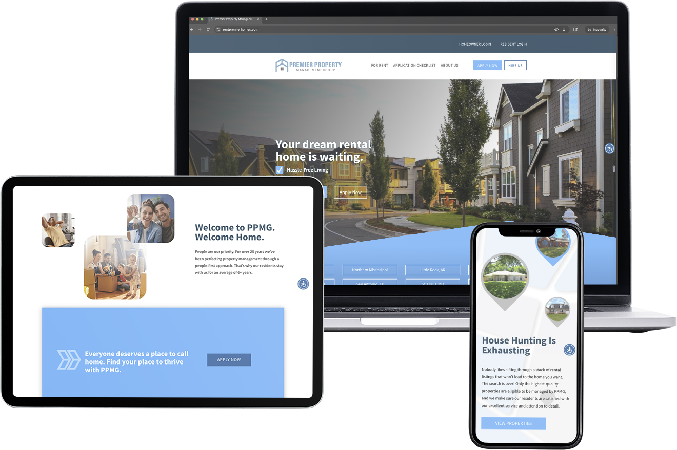 premier properties website home page on laptop tablet and phone screens