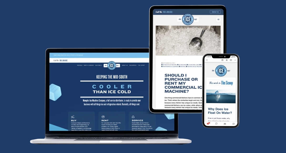 Memphis Ice Machine Co. website on laptop tablet and phone